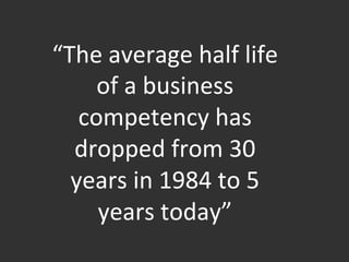 	
  
“The	
  average	
  half	
  life	
  
of	
  a	
  business	
  
competency	
  has	
  
dropped	
  from	
  30	
  
years	
  in	
  1984	
  to	
  5	
  
years	
  today”	
  
 