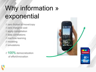 // zero friction to move/copy
// zero marginal cost
// apply computation
// data correlations
// machine learning
// modeling
// simulations
// 100% democratization
of effort/innovation
Why information »
exponential
 