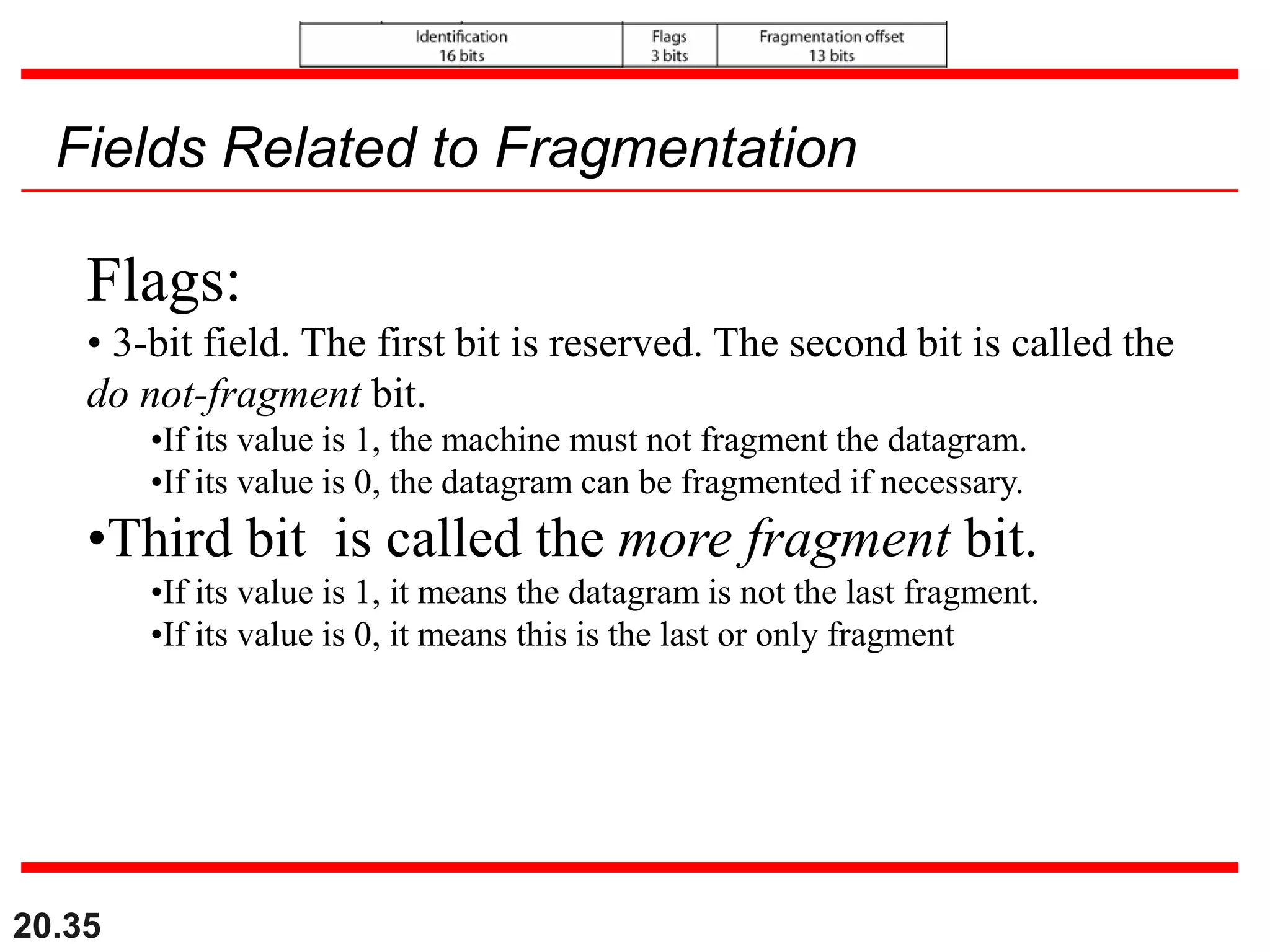 20.35
Fields Related to Fragmentation
Flags:
• 3-bit field. The first bit is reserved. The second bit is called the
do not-fragment bit.
•If its value is 1, the machine must not fragment the datagram.
•If its value is 0, the datagram can be fragmented if necessary.
•Third bit is called the more fragment bit.
•If its value is 1, it means the datagram is not the last fragment.
•If its value is 0, it means this is the last or only fragment
 