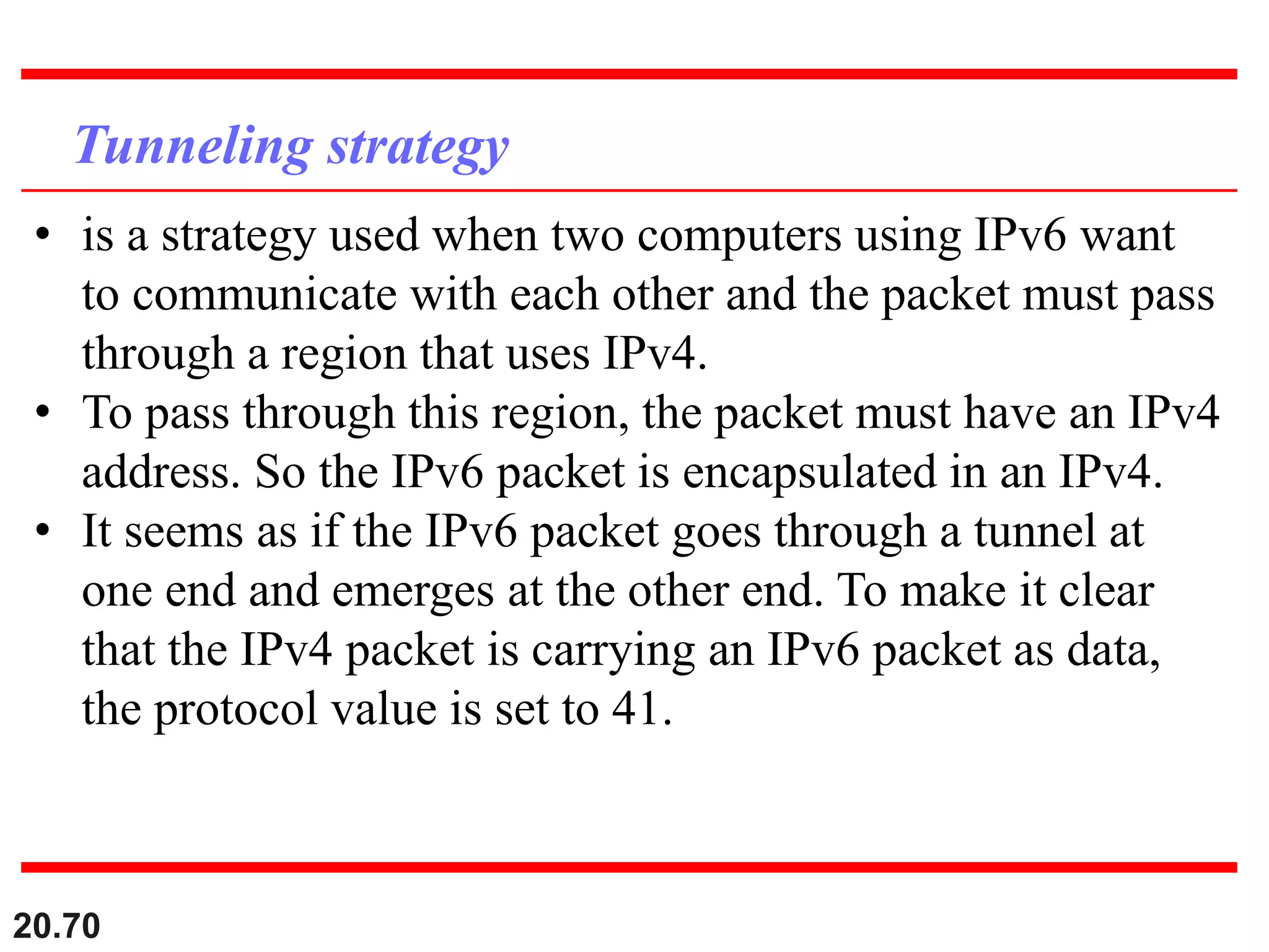 20.70
Tunneling strategy
• is a strategy used when two computers using IPv6 want
to communicate with each other and the packet must pass
through a region that uses IPv4.
• To pass through this region, the packet must have an IPv4
address. So the IPv6 packet is encapsulated in an IPv4.
• It seems as if the IPv6 packet goes through a tunnel at
one end and emerges at the other end. To make it clear
that the IPv4 packet is carrying an IPv6 packet as data,
the protocol value is set to 41.
 