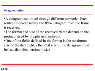 20.30
Fragmentation
•A datagram can travel through different networks. Each
router en-de-capsulates the IPv4 datagram from the frame
it receives.
•The format and size of the received frame depend on the
protocol used by the physical network.
•One of the fields defined in the format is the maximum
size of the data field. - the total size of the datagram must
be less than this maximum size-
 
