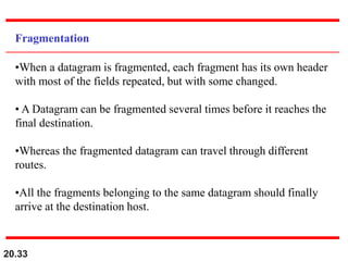 20.33
Fragmentation
•When a datagram is fragmented, each fragment has its own header
with most of the fields repeated, but with some changed.
• A Datagram can be fragmented several times before it reaches the
final destination.
•Whereas the fragmented datagram can travel through different
routes.
•All the fragments belonging to the same datagram should finally
arrive at the destination host.
 