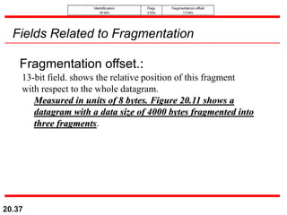 20.37
Fields Related to Fragmentation
Fragmentation offset.:
13-bit field. shows the relative position of this fragment
with respect to the whole datagram.
Measured in units of 8 bytes. Figure 20.11 shows a
datagram with a data size of 4000 bytes fragmented into
three fragments.
 