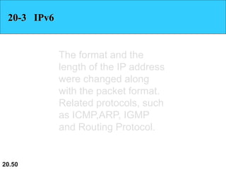 20.50
20-3 IPv6
The format and the
length of the IP address
were changed along
with the packet format.
Related protocols, such
as ICMP,ARP, IGMP
and Routing Protocol.
 
