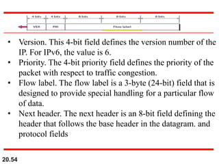 20.54
• Version. This 4-bit field defines the version number of the
IP. For IPv6, the value is 6.
• Priority. The 4-bit priority field defines the priority of the
packet with respect to traffic congestion.
• Flow label. The flow label is a 3-byte (24-bit) field that is
designed to provide special handling for a particular flow
of data.
• Next header. The next header is an 8-bit field defining the
header that follows the base header in the datagram. and
protocol fields
 