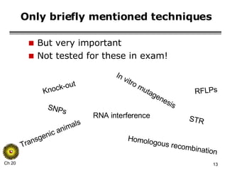 Only briefly mentioned techniques But very important Not tested for these in exam! Knock-out In vitro mutagenesis RNA interference Transgenic animals Homologous recombination SNPs STR RFLPs 
