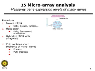 15  Micro-array analysis  Measures gene expression levels of many genes Procedure Isolate mRNA Cells, tissues, tumors,.. Make cDNA Using fluorescent nucleotides Hybridize cDNA with array-chip Chip contains short sequence of many  genes Primers PCR-products … 