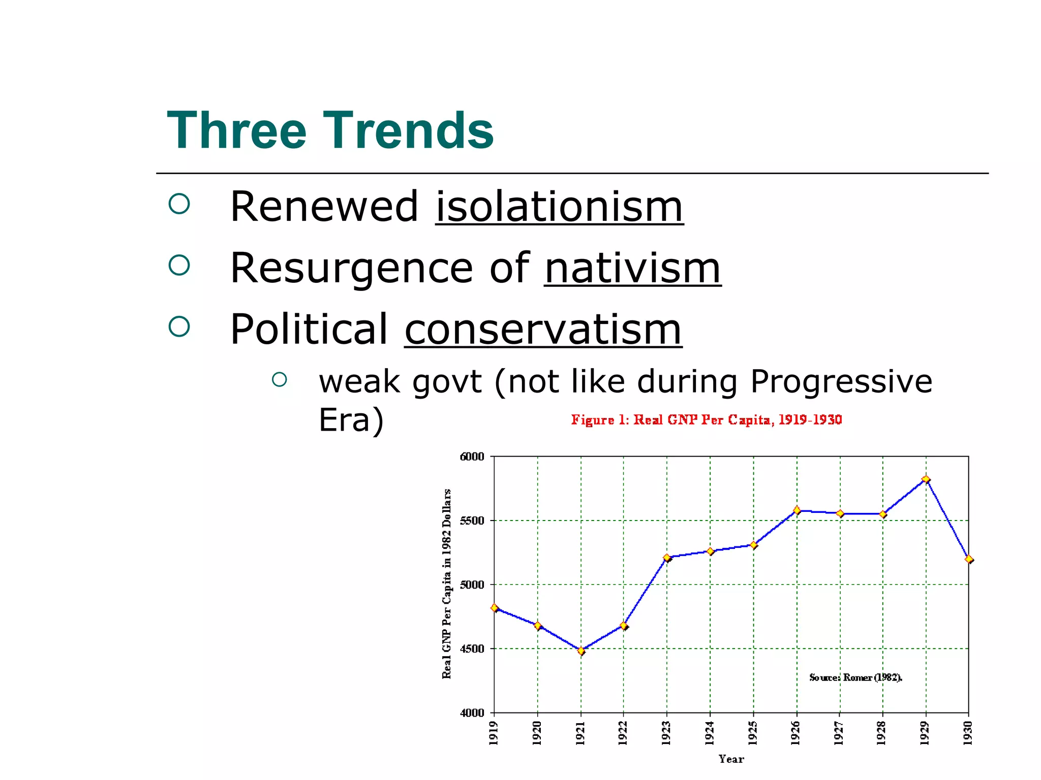 Three   Trends Renewed  isolationism Resurgence of  nativism Political  conservatism weak govt (not like during Progressive Era) 