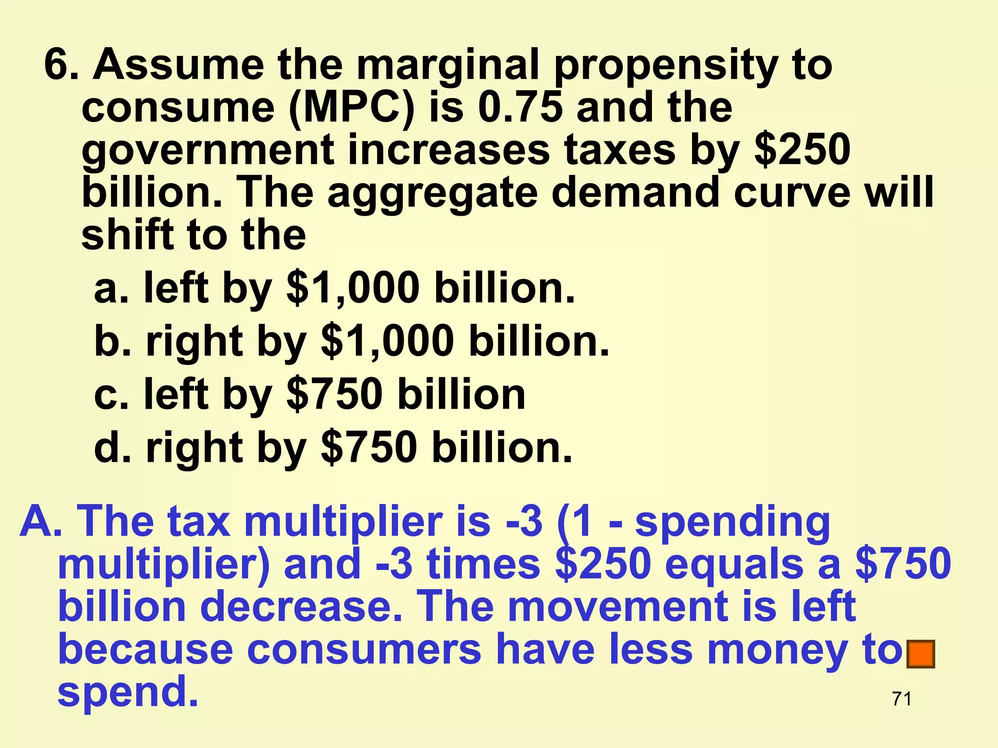 71
6. Assume the marginal propensity to
consume (MPC) is 0.75 and the
government increases taxes by $250
billion. The aggregate demand curve will
shift to the
a. left by $1,000 billion.
b. right by $1,000 billion.
c. left by $750 billion
d. right by $750 billion.
A. The tax multiplier is -3 (1 - spending
multiplier) and -3 times $250 equals a $750
billion decrease. The movement is left
because consumers have less money to
spend.
 