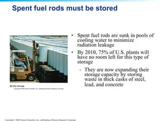 Spent fuel rods must be stored Spent fuel rods are sunk in pools of cooling water to minimize radiation leakage  By 2010, 75% of U.S. plants will have no room left for this type of storage  They are now expanding their storage capacity by storing waste in thick casks of steel, lead, and concrete   