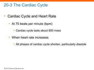 © 2012 Pearson Education, Inc.
20-3 The Cardiac Cycle
• Cardiac Cycle and Heart Rate
• At 75 beats per minute (bpm)
• Cardiac cycle lasts about 800 msec
• When heart rate increases
• All phases of cardiac cycle shorten, particularly diastole
 