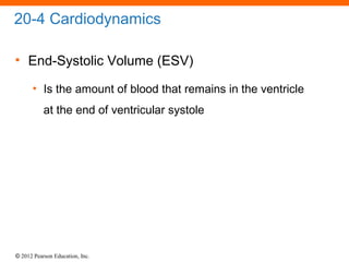 © 2012 Pearson Education, Inc.
20-4 Cardiodynamics
• End-Systolic Volume (ESV)
• Is the amount of blood that remains in the ventricle
at the end of ventricular systole
 