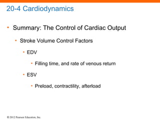 © 2012 Pearson Education, Inc.
20-4 Cardiodynamics
• Summary: The Control of Cardiac Output
• Stroke Volume Control Factors
• EDV
• Filling time, and rate of venous return
• ESV
• Preload, contractility, afterload
 