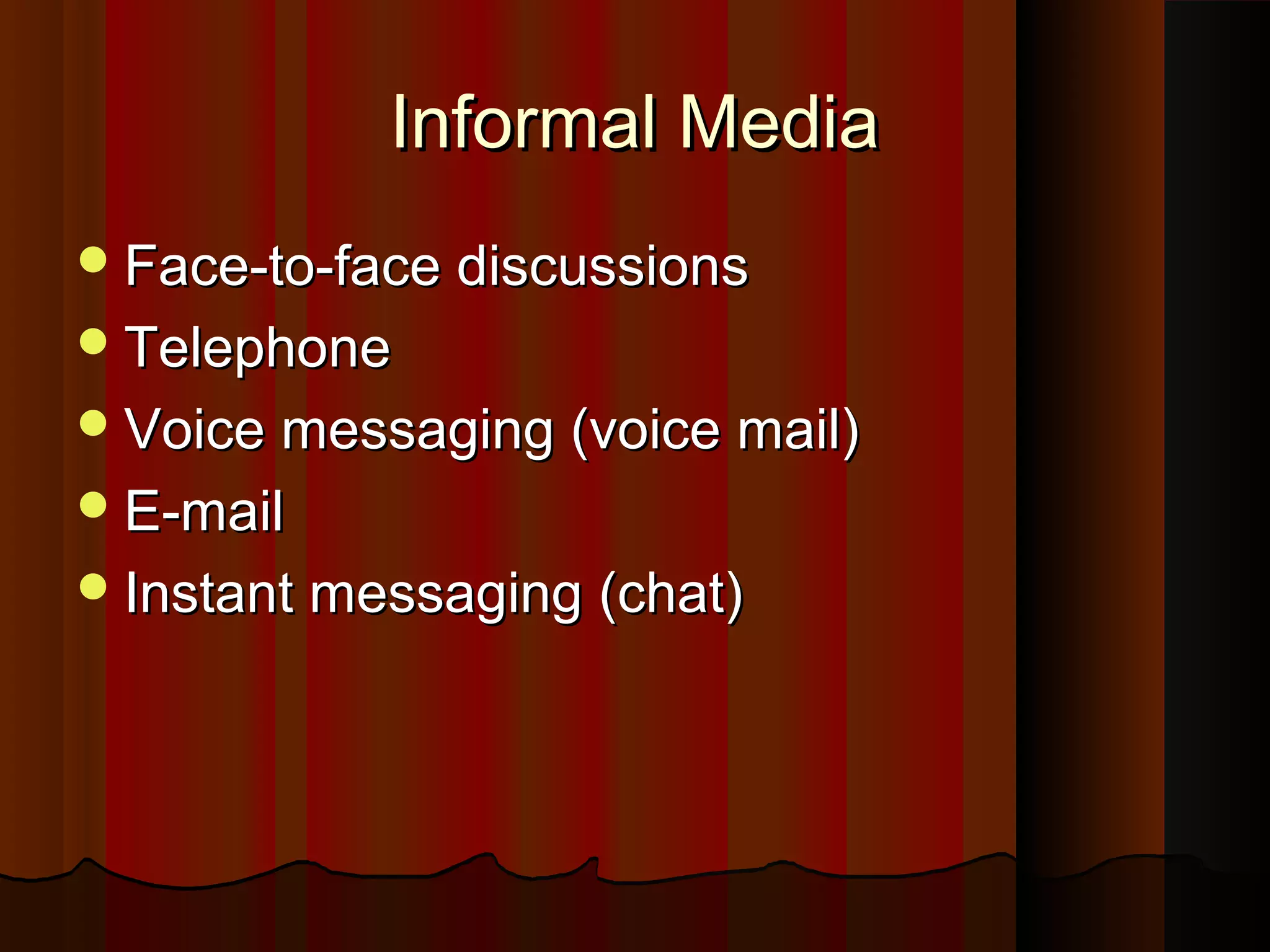 Informal MediaInformal Media
Face-to-face discussionsFace-to-face discussions
TelephoneTelephone
Voice messaging (voice mail)Voice messaging (voice mail)
E-mailE-mail
Instant messaging (chat)Instant messaging (chat)
 