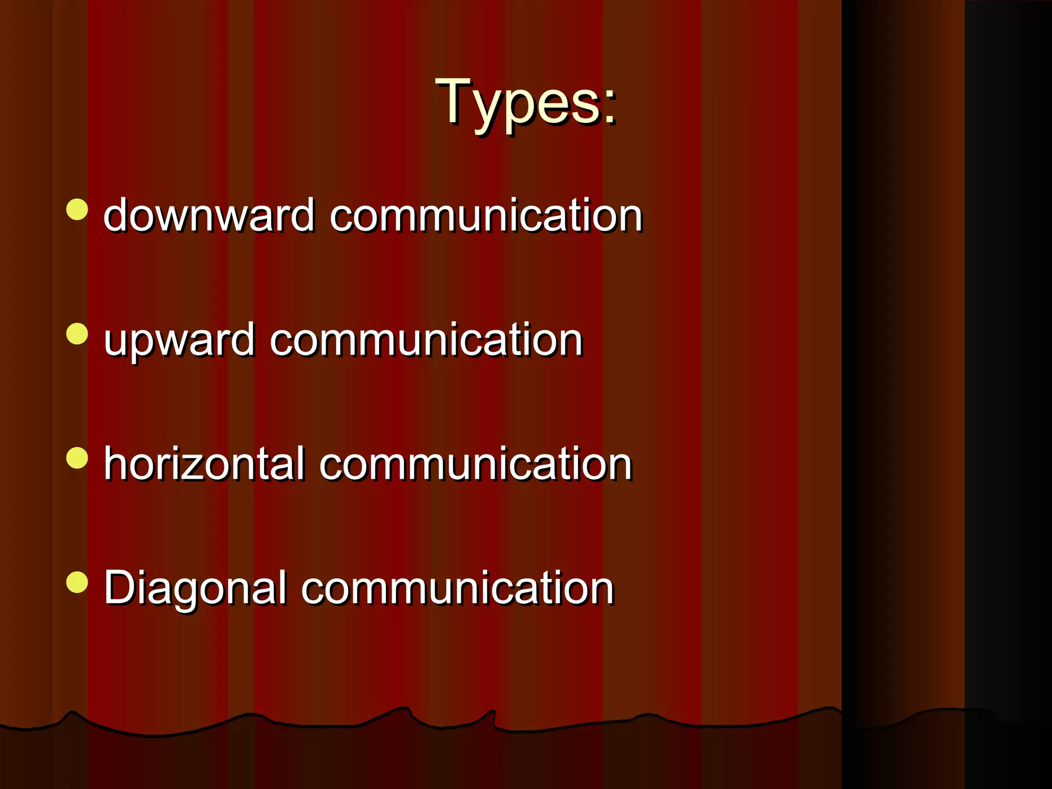 Types:Types:
downward communicationdownward communication
upward communicationupward communication
horizontal communicationhorizontal communication
Diagonal communicationDiagonal communication
 