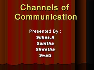 Channels ofChannels of
CommunicationCommunication
Presented By :Presented By :
Suhas.RSuhas.R
SunithaSunitha
ShwethaShwetha
SwatiSwati
 