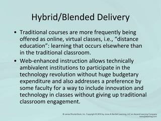 Hybrid/Blended Delivery
• Traditional courses are more frequently being
offered as online, virtual classes, i.e., “distance
education”: learning that occurs elsewhere than
in the traditional classroom.
• Web-enhanced instruction allows technically
ambivalent institutions to participate in the
technology revolution without huge budgetary
expenditure and also addresses a preference by
some faculty for a way to include innovation and
technology in classes without giving up traditional
classroom engagement.
 