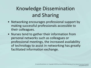 Knowledge Dissemination
and Sharing
• Networking encourages professional support by
making successful professionals accessible to
their colleagues.
• Nurses tend to gather their information from
personal networks such as colleagues or
professional meetings, the increased availability
of technology to assist in networking has greatly
facilitated information exchange.
 