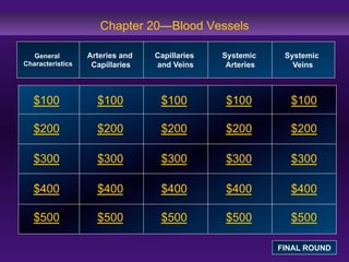 Chapter 20—Blood Vessels
General
Characteristics

Arteries and
Capillaries

Capillaries
and Veins

Systemic
Arteries

Systemic
Veins

$100

$100

$100

$100

$100

$200

$200

$200

$200

$200

$300

$300

$300

$300

$300

$400

$400

$400

$400

$400

$500

$500

$500

$500

$500
FINAL ROUND

 