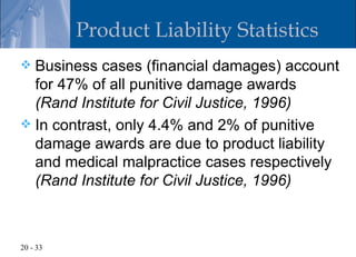 Product Liability Statistics
 Business cases (financial damages) account
  for 47% of all punitive damage awards
  (Rand Institute for Civil Justice, 1996)
 In contrast, only 4.4% and 2% of punitive
  damage awards are due to product liability
  and medical malpractice cases respectively
  (Rand Institute for Civil Justice, 1996)



20 - 33
 