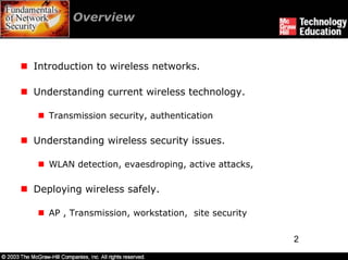 Overview



Introduction to wireless networks.

Understanding current wireless technology.

   Transmission security, authentication

Understanding wireless security issues.

   WLAN detection, evaesdroping, active attacks,

Deploying wireless safely.

   AP , Transmission, workstation, site security

                                                   2
 