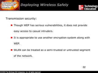 Deploying Wireless Safely



Transmission security:

     Though WEP has serious vulnerabilities, it does not provide

     easy access to casual intruders.

     It is appropriate to use another encryption system along with

     WEP.

     WLAN can be treated as a semi-trusted or untrusted segment

     of the network.



                                                            22
 
