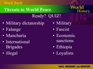 Ready?  QUIZ! Military dictatorship Falange Manchuria International Brigades illegal Military Fascist Economic sanctions Ethiopia Loyalists Word Bank Threats to World Peace 