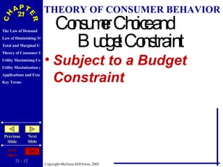 THEORY OF CONSUMER BEHAVIOR Consumer Choice and  Budget Constraint Subject to a Budget  Constraint 