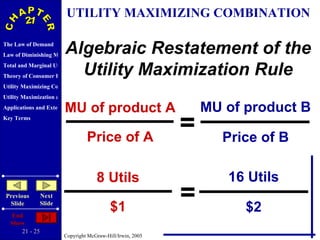 Algebraic Restatement of the Utility Maximization Rule = UTILITY MAXIMIZING COMBINATION MU of product A Price of A MU of product B Price of B 8 Utils $1 16 Utils $2 = 