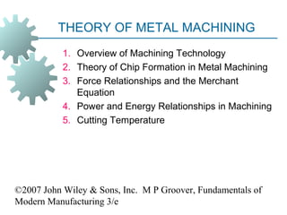 ©2007 John Wiley & Sons, Inc. M P Groover, Fundamentals of
Modern Manufacturing 3/e
THEORY OF METAL MACHINING
1. Overview of Machining Technology
2. Theory of Chip Formation in Metal Machining
3. Force Relationships and the Merchant
Equation
4. Power and Energy Relationships in Machining
5. Cutting Temperature
 
