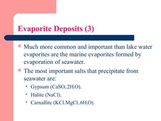 Evaporite Deposits (3)
 Much more common and important than lake water
evaporites are the marine evaporites formed by
evaporation of seawater.
 The most important salts that precipitate from
seawater are:
 Gypsum (CaSO4.2H2O).
 Halite (NaCl).
 Carnallite (KCl.MgCl2.6H2O).
 