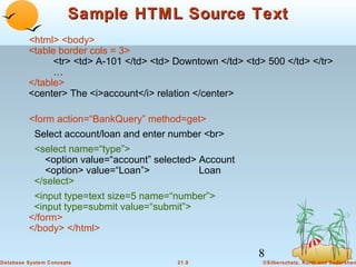 Sample HTML Source Text
<html> <body>
<table border cols = 3>
<tr> <td> A-101 </td> <td> Downtown </td> <td> 500 </td> </tr>
…
</table>
<center> The <i>account</i> relation </center>
<form action=“BankQuery” method=get>
Select account/loan and enter number <br>
<select name=“type”>
<option value=“account” selected> Account
<option> value=“Loan”>
Loan
</select>
<input type=text size=5 name=“number”>
<input type=submit value=“submit”>
</form>
</body> </html>

8
Database System Concepts

21.8

©Silberschatz, Korth and Sudarshan

 