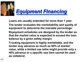 1-13
Equipment FinancingEquipment Financing
Loans are usually extended for more than 1 year.
The lender evaluates the marketability and quality of
equipment to determine the loanable percentage.
Repayment schedules are designed by the lender so
that the market value is expected to exceed the loan
balance by a given safety margin.
Trucking equipment is highly marketable, and the
lender may advance as much as 80% of market
value, while a limited use lathe might provide only a
40% advance or a specific use item cannot be used
as collateral.
 