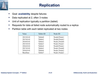 ©Silberschatz, Korth and Sudarshan
21.21
Database System Concepts - 7th Edition
Replication
 Goal: availability despite failures
 Data replicated at 2, often 3 nodes
 Unit of replication typically a partition (tablet)
 Requests for data at failed node automatically routed to a replica
 Partition table with each tablet replicated at two nodes
 