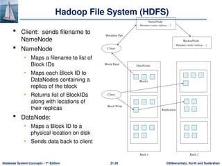 ©Silberschatz, Korth and Sudarshan
21.29
Database System Concepts - 7th
Edition
Hadoop File System (HDFS)
 Client: sends filename to
NameNode
 NameNode
• Maps a filename to list of
Block IDs
• Maps each Block ID to
DataNodes containing a
replica of the block
• Returns list of BlockIDs
along with locations of
their replicas
 DataNode:
• Maps a Block ID to a
physical location on disk
• Sends data back to client
 