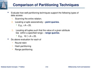 ©Silberschatz, Korth and Sudarshan
21.8
Database System Concepts - 7th
Edition
Comparison of Partitioning Techniques
 Evaluate how well partitioning techniques support the following types of
data access:
1. Scanning the entire relation.
2. Locating a tuple associatively – point queries.
 E.g., r.A = 25.
3. Locating all tuples such that the value of a given attribute
lies within a specified range – range queries.
 E.g., 10  r.A < 25.
 Do above evaluation for each of
• Round robin
• Hash partitioning
• Range partitioning
 