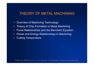©2002 John Wiley & Sons, Inc. M. P. Groover, “
Fundamentals of Modern Manufacturing 2/e”
THEORY OF METAL MACHINING
•Overview of Machining Technology
•Theory of Chip Formation in Metal Machining
•Force Relationships and the Merchant Equation
•Power and Energy Relationships in Machining
•Cutting Temperature
 
