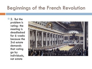 Beginnings of the French Revolution 2.  But the problem is voting- the meeting is deadlocked for 6 weeks because the 3rd estate demands that voting go by individuals, not estate 