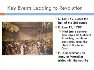 Key Events Leading to Revolution D. Louis XVI closes the hall of the 3rd estate E. June 17, 1789:  Third Estate declares themselves the National Assembly, and three days later, takes the Oath of the Tennis Court F. Louis summons an army at Versailles (sides with the nobility) 