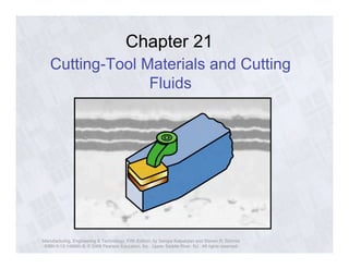 Chapter 21 
Cutting-Tool Materials and Cutting 
Fluids 
Manufacturing, Engineering & Technology, Fifth Edition, by Serope Kalpakjian and Steven R. Schmid. 
ISBN 0-13-148965-8. © 2006 Pearson Education, Inc., Upper Saddle River, NJ. All rights reserved. 
 