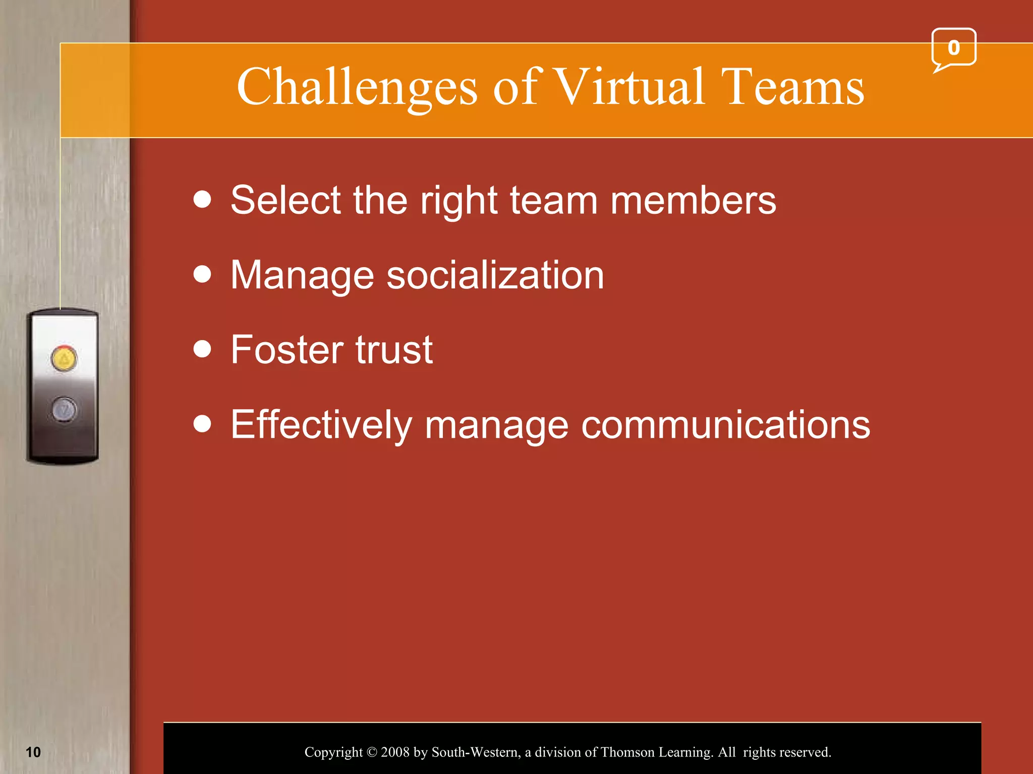 Challenges of Virtual Teams Select the right team members Manage socialization Foster trust Effectively manage communications 0 