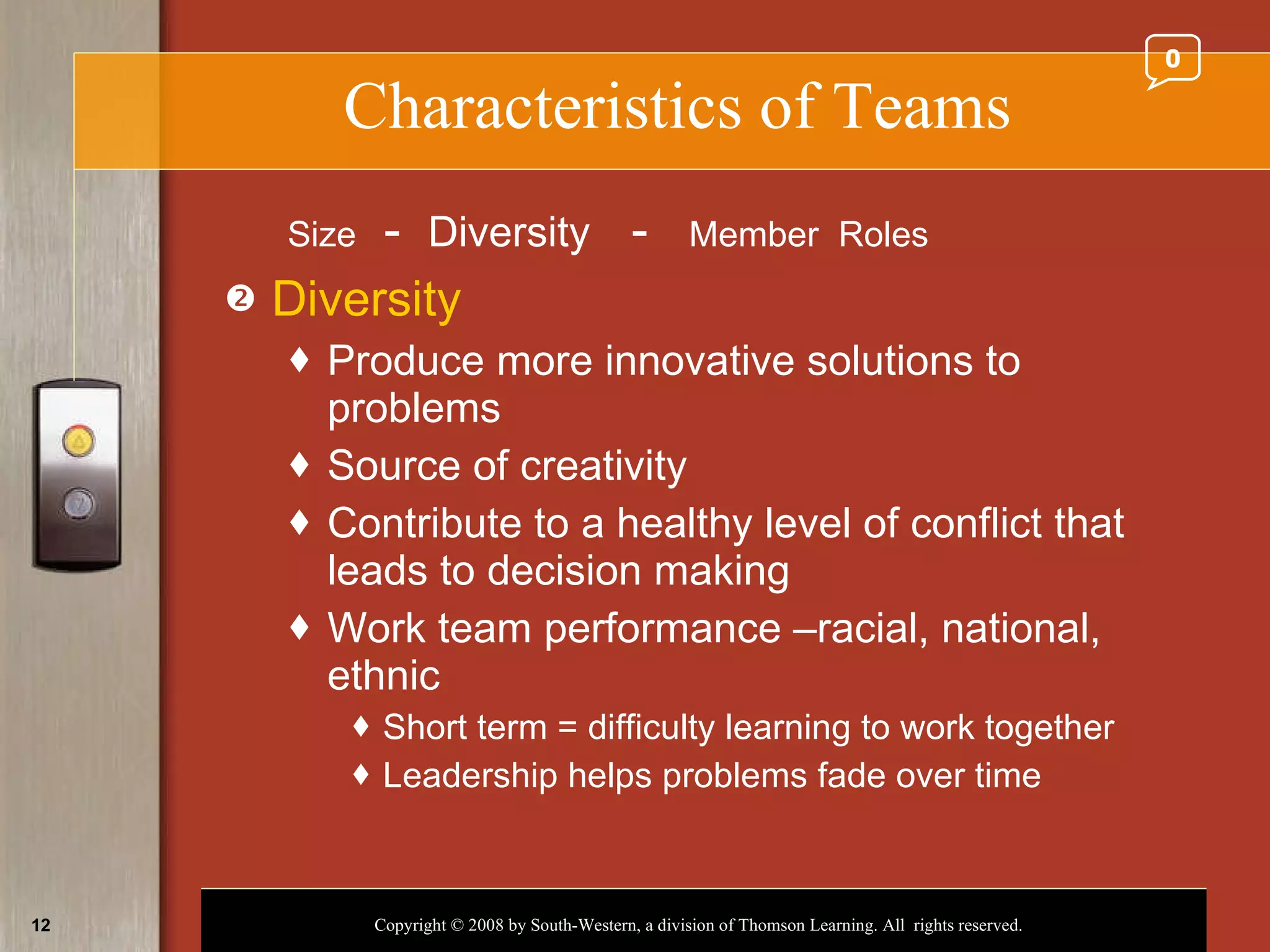 Characteristics of Teams Diversity Produce more innovative solutions to  problems Source of creativity Contribute to a healthy level of conflict that leads to decision making Work team performance –racial, national, ethnic Short term = difficulty learning to work together Leadership helps problems fade over time Size   -  Diversity   -  Member  Roles 0 