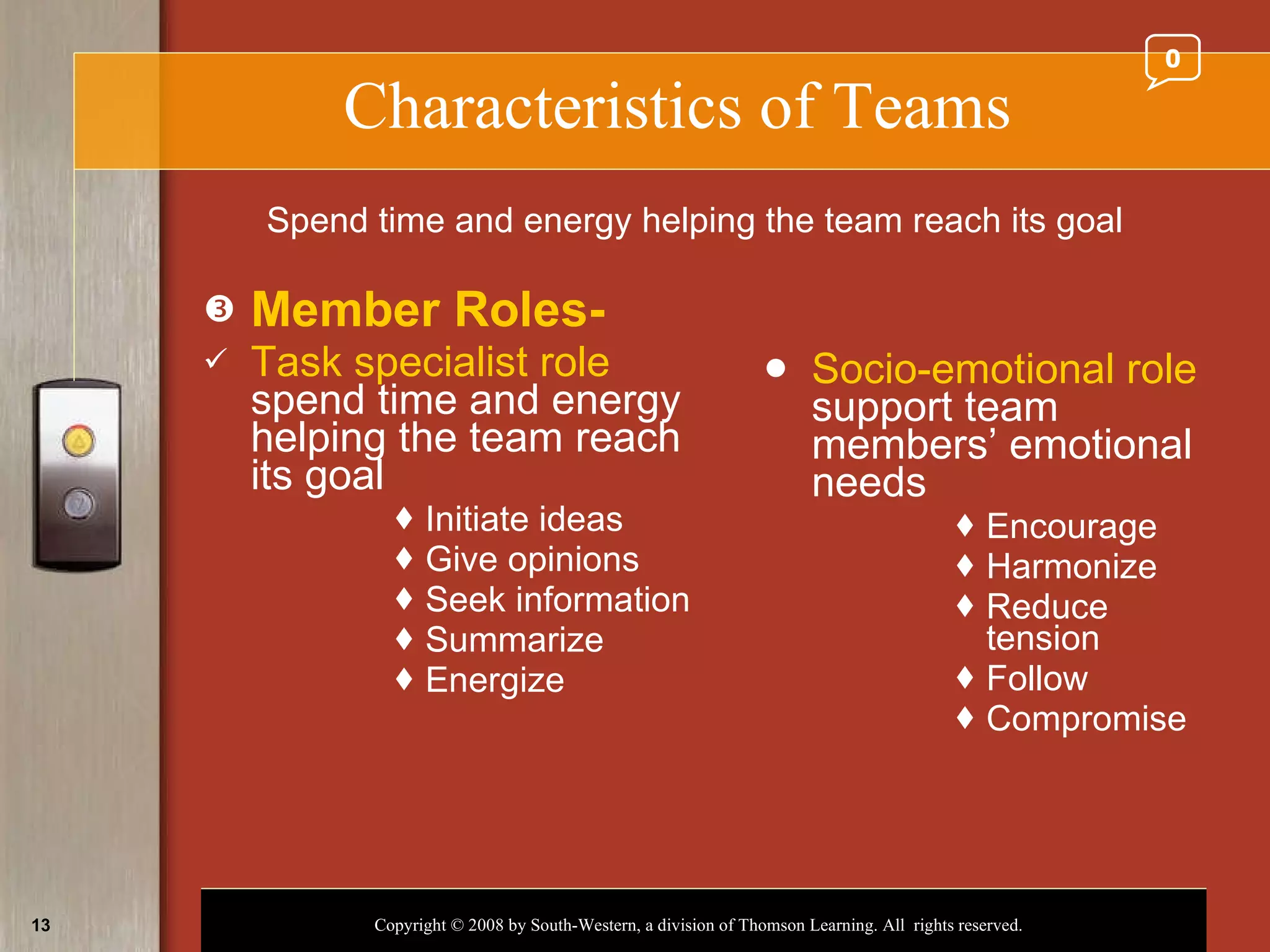 Characteristics of Teams Member Roles- Task specialist role  spend time and energy helping the team reach its goal Initiate ideas Give opinions Seek information Summarize Energize Socio-emotional role  support team members’ emotional needs Encourage Harmonize Reduce tension Follow Compromise Spend time and energy helping the team reach its goal 0 