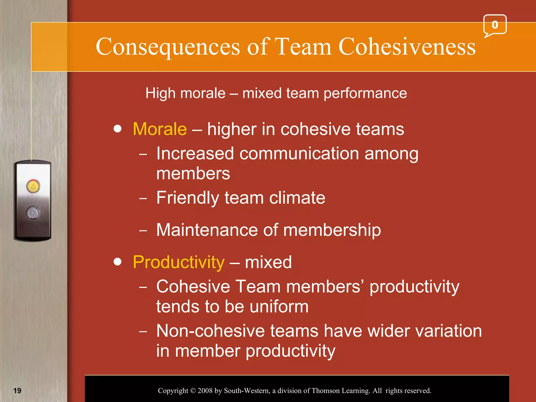 Consequences of Team Cohesiveness Morale  – higher in cohesive teams Increased communication among members Friendly team climate Maintenance of membership Productivity  – mixed Cohesive Team members’ productivity tends to be uniform Non-cohesive teams have wider variation in member productivity High morale – mixed team performance 0 