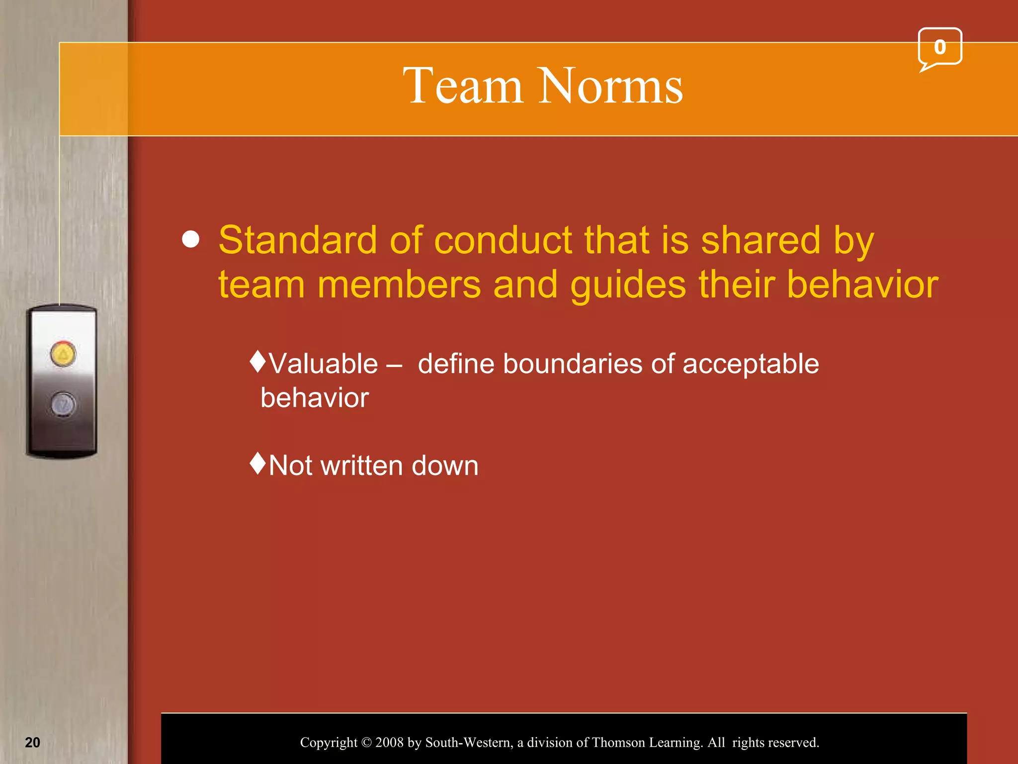 Team Norms Standard of conduct that is shared by team members and guides their behavior Valuable –  define boundaries of acceptable behavior Not written down 0 