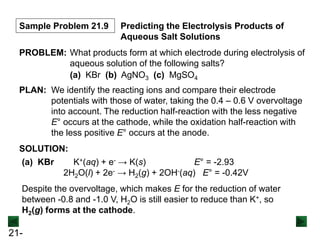 21-
Sample Problem 21.9 Predicting the Electrolysis Products of
Aqueous Salt Solutions
PROBLEM: What products form at which electrode during electrolysis of
aqueous solution of the following salts?
(a) KBr (b) AgNO3 (c) MgSO4
PLAN: We identify the reacting ions and compare their electrode
potentials with those of water, taking the 0.4 – 0.6 V overvoltage
into account. The reduction half-reaction with the less negative
E° occurs at the cathode, while the oxidation half-reaction with
the less positive E° occurs at the anode.
Despite the overvoltage, which makes E for the reduction of water
between -0.8 and -1.0 V, H2O is still easier to reduce than K+, so
H2(g) forms at the cathode.
SOLUTION:
(a) KBr K+(aq) + e- → K(s) E° = -2.93
2H2O(l) + 2e- → H2(g) + 2OH-(aq) E° = -0.42V
 