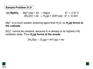 21-
(c) MgSO4 Mg2+(aq) + 2e- → Mg(s) E° = -2.37 V
2H2O(l) + 2e- → H2(g) + 2OH-(aq) E° = -0.42V
Sample Problem 21.9
Mg2+ is a much weaker oxidizing agent than H2O, so H2(g) forms at
the cathode.
SO4
2- cannot be oxidized, because S is already in its highest (+6)
oxidation state. Thus O2(g) forms at the anode:
2H2O(l) → O2(g) + 4H+(aq) + 4e-
 