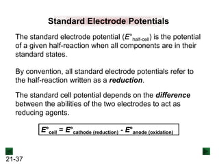 21-37
Standard Electrode Potentials
The standard electrode potential (E°half-cell) is the potential
of a given half-reaction when all components are in their
standard states.
By convention, all standard electrode potentials refer to
the half-reaction written as a reduction.
The standard cell potential depends on the difference
between the abilities of the two electrodes to act as
reducing agents.
E°cell = E°cathode (reduction) - E°anode (oxidation)
 