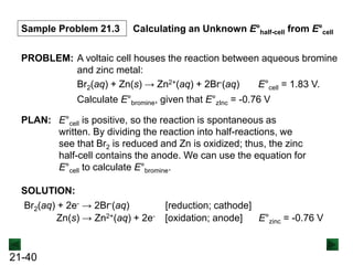 21-40
Sample Problem 21.3 Calculating an Unknown E°half-cell from E°cell
PROBLEM: A voltaic cell houses the reaction between aqueous bromine
and zinc metal:
Br2(aq) + Zn(s) → Zn2+(aq) + 2Br-(aq) E°cell = 1.83 V.
Calculate E°bromine, given that E°zInc = -0.76 V
PLAN: E°cell is positive, so the reaction is spontaneous as
written. By dividing the reaction into half-reactions, we
see that Br2 is reduced and Zn is oxidized; thus, the zinc
half-cell contains the anode. We can use the equation for
E°cell to calculate E°bromine.
SOLUTION:
Br2(aq) + 2e- → 2Br-(aq) [reduction; cathode]
Zn(s) → Zn2+(aq) + 2e- [oxidation; anode] E°zinc = -0.76 V
 