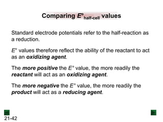 21-42
Comparing E°half-cell values
Standard electrode potentials refer to the half-reaction as
a reduction.
E° values therefore reflect the ability of the reactant to act
as an oxidizing agent.
The more positive the E° value, the more readily the
reactant will act as an oxidizing agent.
The more negative the E° value, the more readily the
product will act as a reducing agent.
 